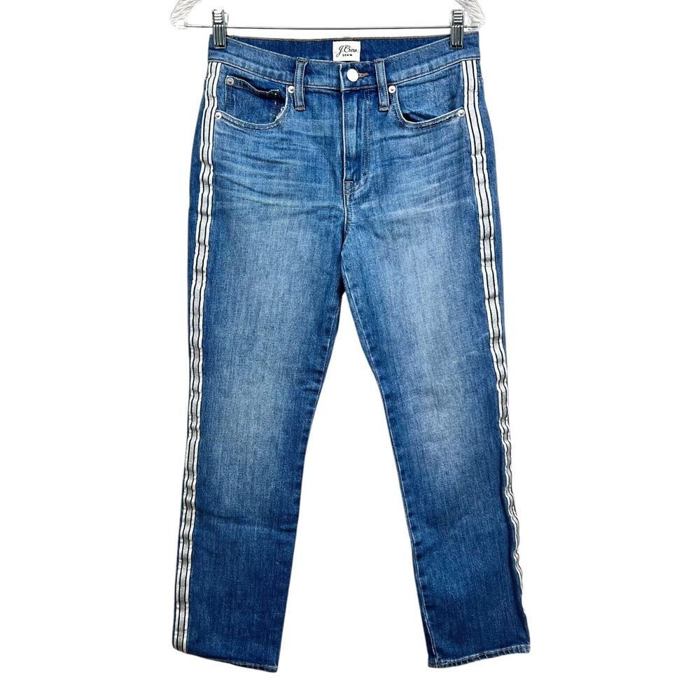 J. Crew Women Jeans Tuxedo Side Stripes Straight Stretch 5 Pocket Zip Blue 25*